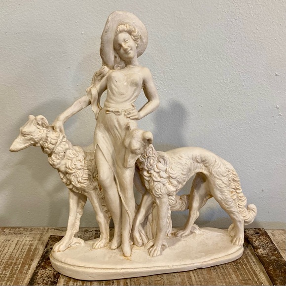 unknown Other - Cast Resin Statue Woman with Dogs Cream Colored Sculpture